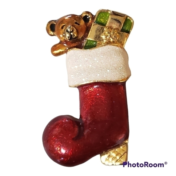 Vintage Jewelry - Vintage Christmas Brooch Signed Enameled Stocking Bear Present Boot Gold Toned